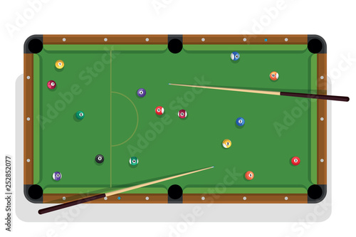 Pool table, billiard stick and billiard balls for game. Pool table with colorful balls and cua top view.