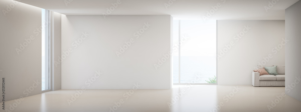 custom made wallpaper toronto digitalSea view living room of luxury summer beach house with glass window and wooden floor. Empty white concrete wall background in vacation home or holiday villa. Hotel interior 3d illustration.