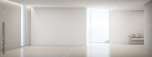Wallpaper Mural Sea view living room of luxury summer beach house with glass window and wooden floor. Empty white concrete wall background in vacation home or holiday villa. Hotel interior 3d illustration. Torontodigital.ca
