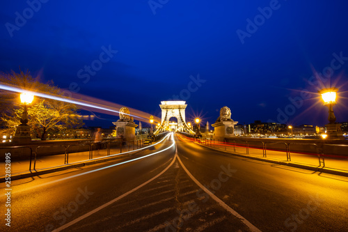 Long exposure of Chain bridge on Danube river in the night at Budapest city,hungary