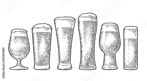 Different types beer glasses. Vintage black engraving