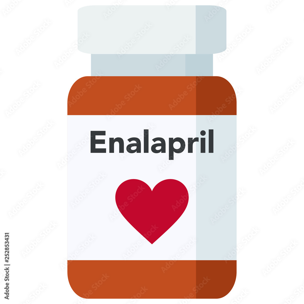 Obraz premium Bottle of pills, Enalapril is a medication used to treat high blood pressure, diabetic kidney disease, and heart failure.