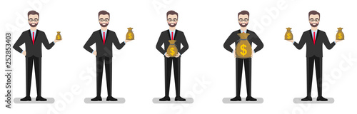 Set of businessman characters on a white background. Businessman holds bags of money of different volume. Flat vector illustration.