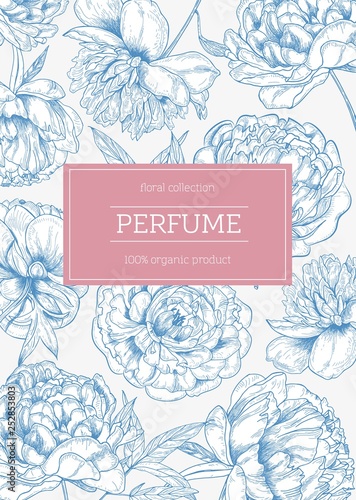 Floral poster or flyer template decorated by gorgeous blooming flowers hand drawn with contour lines