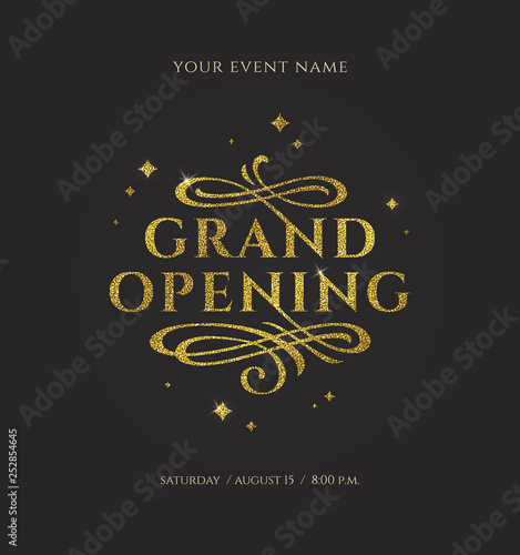 Grand opening - glitter gold logo with flourishes ornamental elements on black background. Vector illustration.
