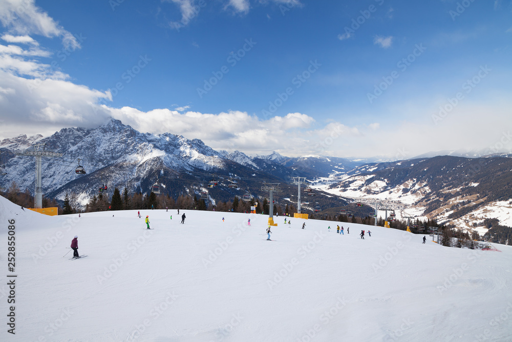 Fototapeta premium Monte Elmo, Dolomites, Italy - Mountain skiing and snowboarding. Sexten (Sesto), Trentino-Alto Adige, Puster Valley (Alta Pusteria), South Tyrol.