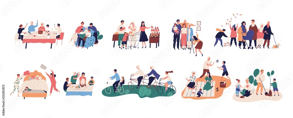 Collection of grandparents spending time with relatives - walking, reading books, riding bicycles, celebrating birthday, buying food, cooking, planting trees. Flat cartoon vector illustration.