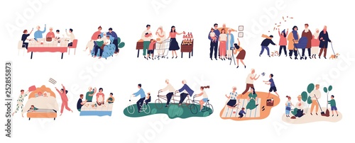 Collection of grandparents spending time with relatives - walking, reading books, riding bicycles, celebrating birthday, buying food, cooking, planting trees. Flat cartoon vector illustration. photo