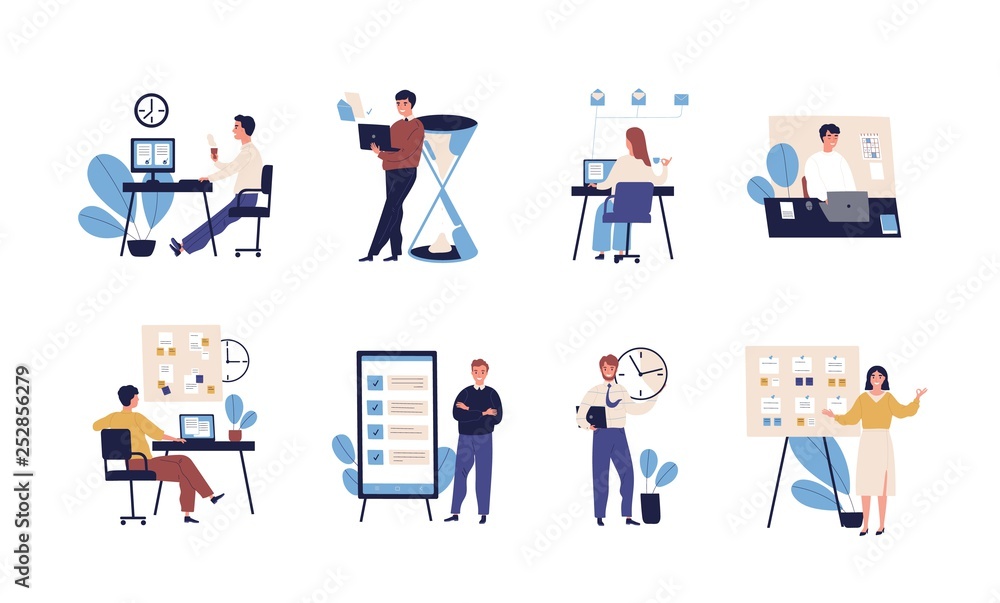 Collection of people successfully organizing their tasks and appointments. Set of scenes with efficient and effective time management and multitasking at work. Flat cartoon vector illustration. Collection of people successfully organizing their tasks and appointments. Set of scenes with efficient and effective time management and multitasking at work. Flat cartoon vector illustration.