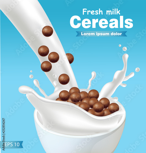 Chocolate cereals in milk splash Vector realistic. Blue background 3d detailed effect illustrations