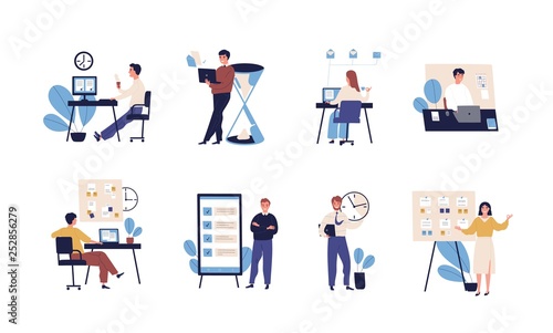 Collection of people successfully organizing their tasks and appointments. Set of scenes with efficient and effective time management and multitasking at work. Flat cartoon vector illustration.