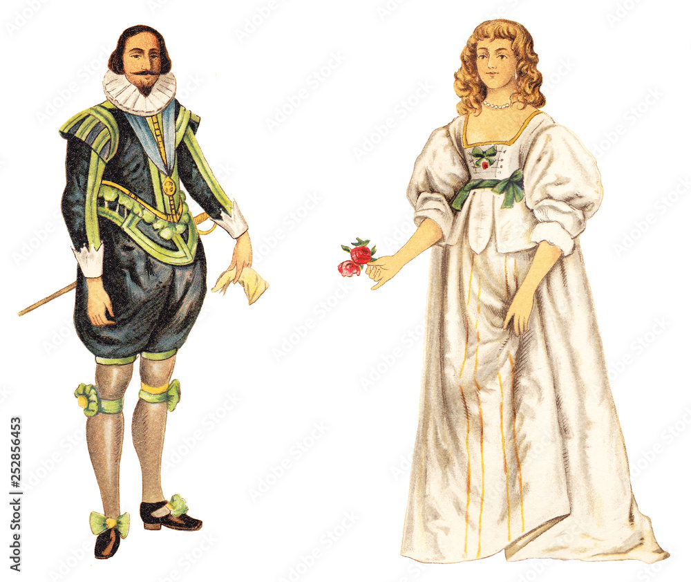 Charles I of England and english noblewoman (1624-1640) / vintage illustration from Meyers Konversations-Lexikon 1897
