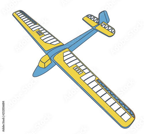 Outlined glider, beautiful subtle airplane model. Balsa wood wings, hobby model, ground plan. Master blue yellow vector illustration