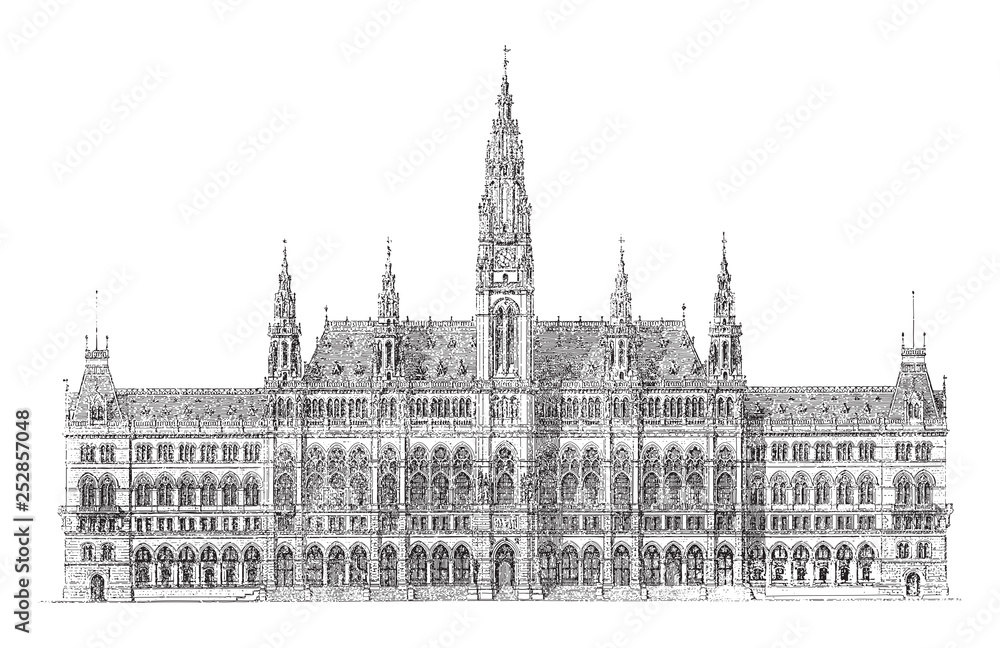 Historical building - City hall - Vienna (Austria) / Vintage illustration from Meyers Konversations-Lexikon 1897
