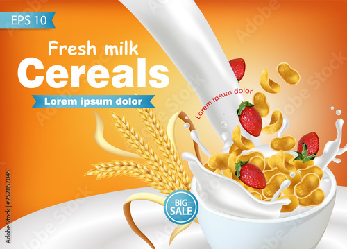 Cornflakes in milk splash Vector realistic mock up. Product placement label design. 3d detailed illustrations