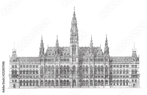 Historical building - City hall - Vienna (Austria) / Vintage illustration from Meyers Konversations-Lexikon 1897
