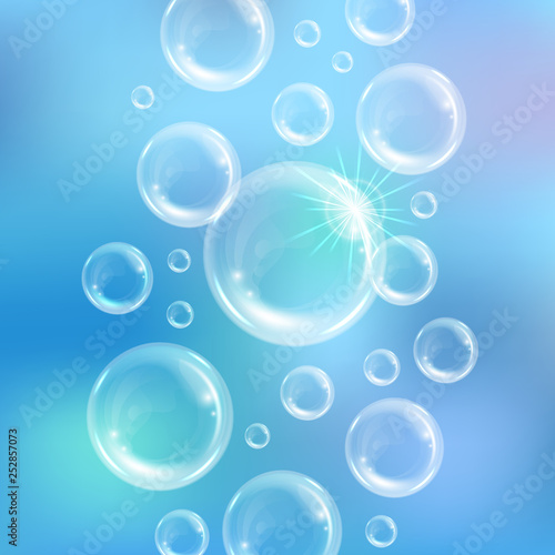 Realistic transparent floating soap bubbles. Design element for advertising booklet  flyer or poster