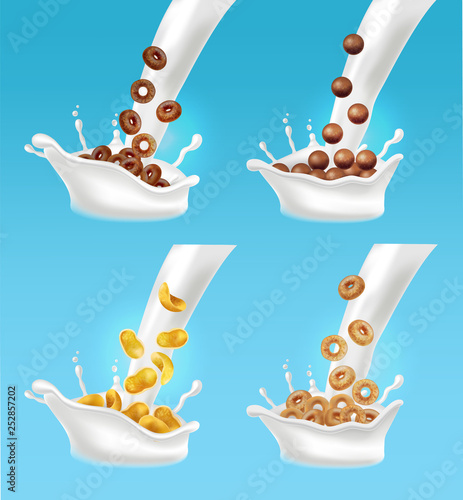 Milk and cereals splash Vector realistic. 3d detailed effects illustrations