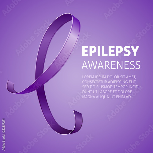 A square vector image with a purple ribbon as a symbol of epilepsy awareness. A world epilepsy day. A template for a medicine flyer poster card design 