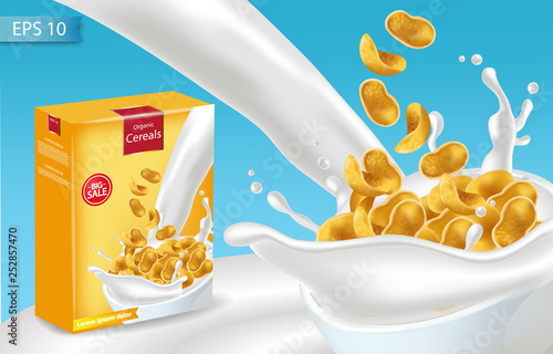 Cornflakes in milk splash Vector realistic mock up. Product placement label design. 3d detailed illustrations