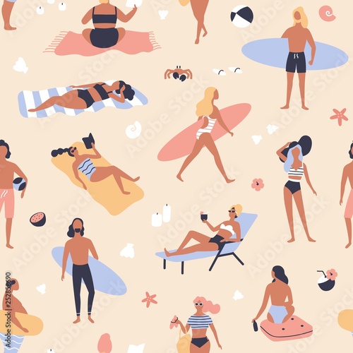 Seamless pattern with people lying on beach and sunbathing, reading books, surfers carrying surfboards. Backdrop with men and women relaxing at summer resort. Vector illustration for fabric print.