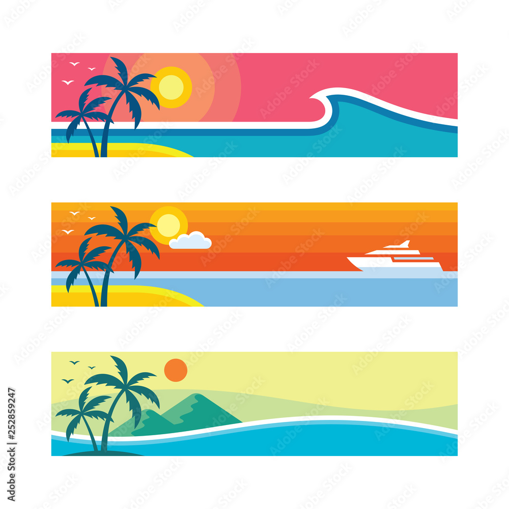 Summer travel - set of horizontal concept banner templates, vector illustration in flat style. Vacation creative layouts. Tropical holiday paradise decorative posters. Graphic design background. 