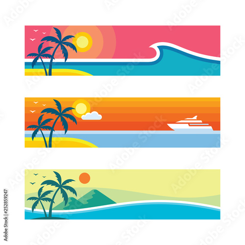 Summer travel - set of horizontal concept banner templates, vector illustration in flat style. Vacation creative layouts. Tropical holiday paradise decorative posters. Graphic design background. 