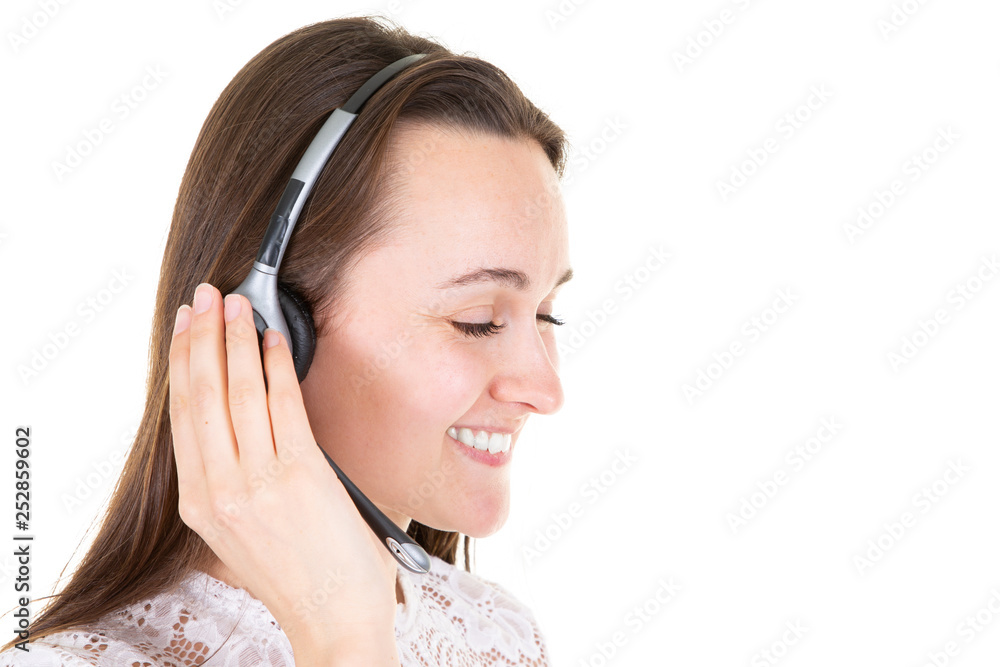 Happy woman profile with telephone headset Happy woman profile with telephone headset