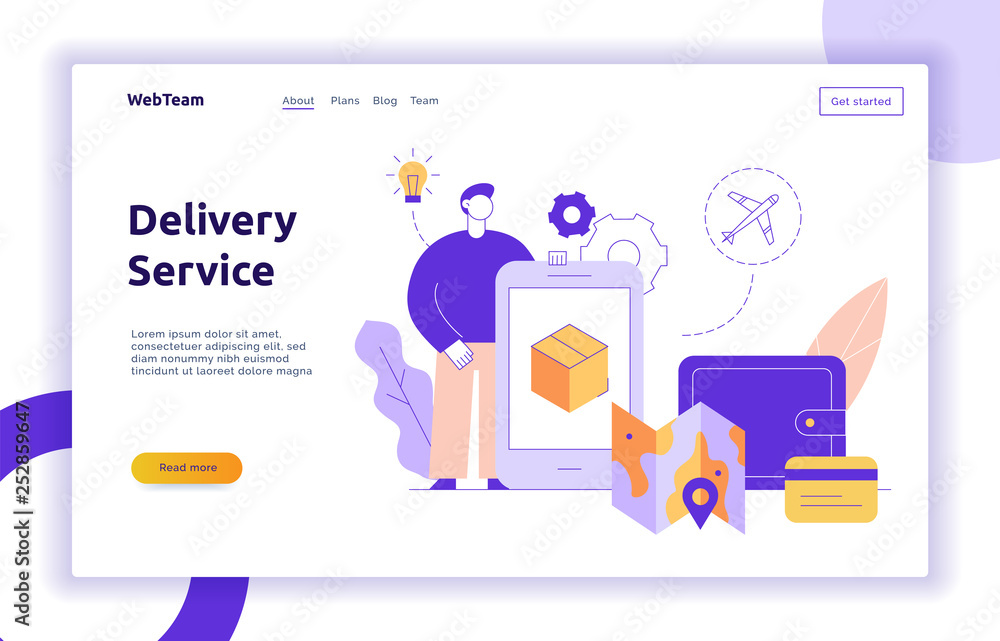 Vector delivery service design concept web banner with big modern flat line man, wallet, credit card, box, map icons. Logistics illustration with app screen on mobile device 