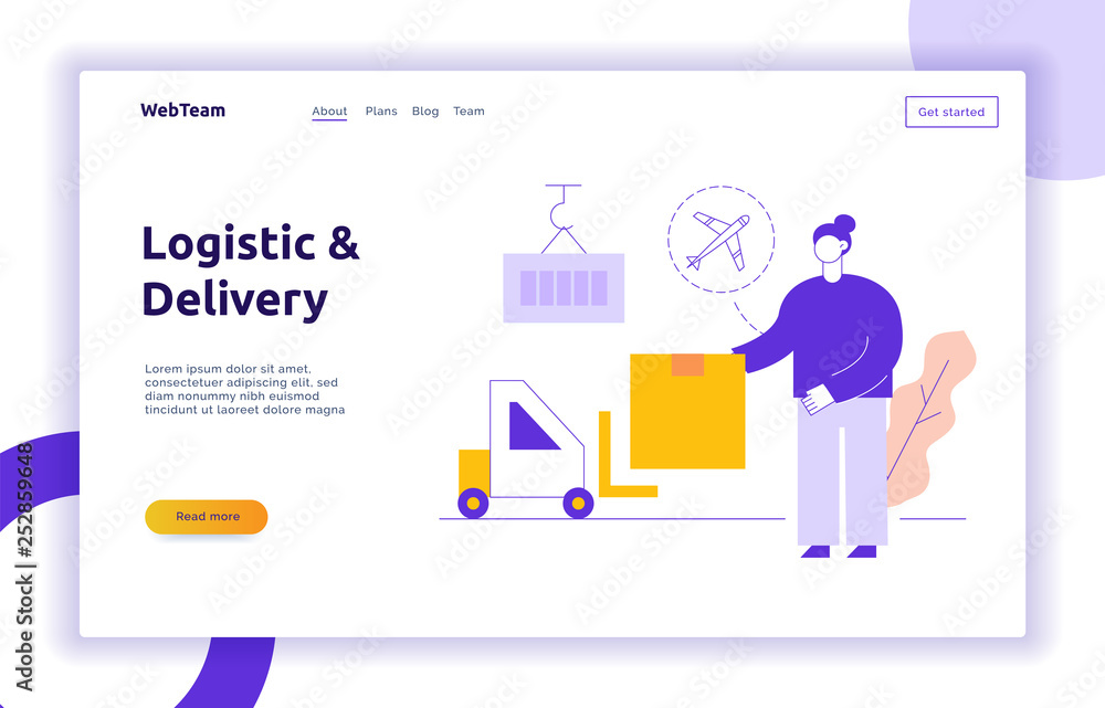Vector delivery service design concept web banner with big modern flat line woman, loader, box, plane icons. Logistics illustration