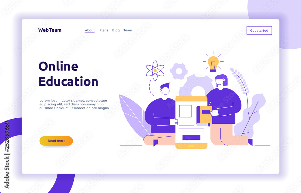 Vector online education web page banner concept with big modern man and woman  holding smartphone and book. Virtual school illustration design template