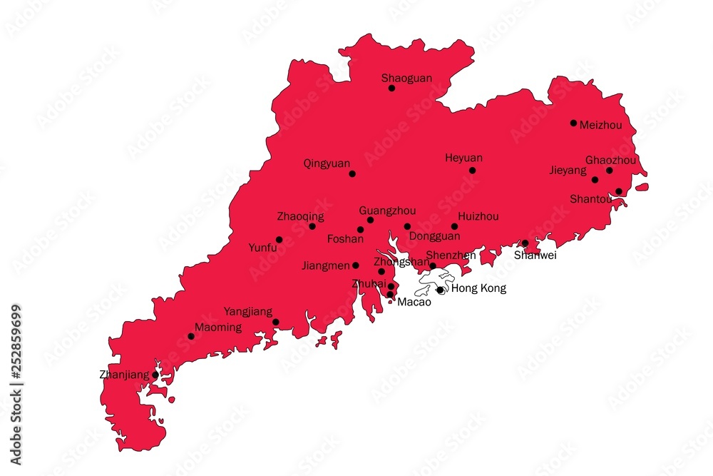 Guangdong map with major cities region of China vector illustration