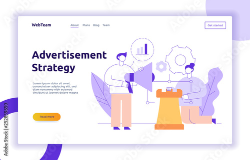 Vector advertisement and marketing strategy web page banner design template with big modern flat line people. Man and woman holding chess figure and megaphone  illustration.