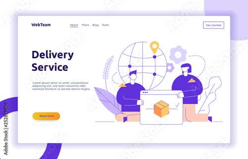 Vector delivery service design concept web banner with big modern flat line man and woman, webpage, box, map icons. Logistics illustration with tracking app screen on website