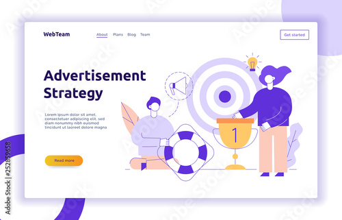 Vector advertisement and marketing strategy web page banner design template with big modern flat line people. Man and woman holding goblet and lifebuoy  illustration.