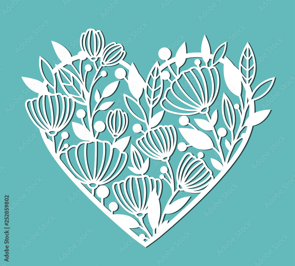 Stencil of heart with flowers. Vector template for design, print, etc