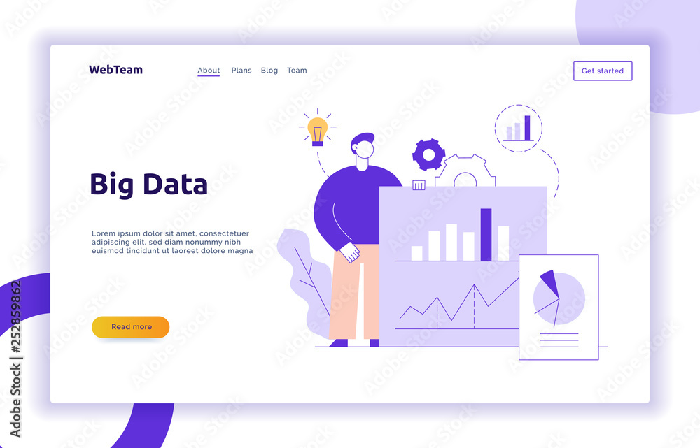 Vector big data web page banner concept design template with big modern flat line man holding chart. Research and analytics illustration with graphs, cogs, light bulb Vector big data web page banner concept design template with big modern flat line man holding chart. Research and analytics illustration with graphs, cogs, light bulb