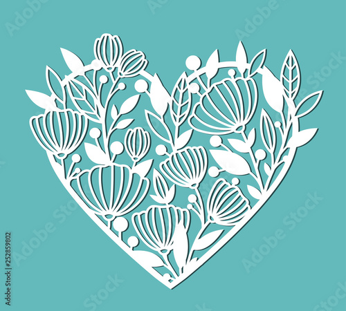 Stencil of heart with flowers. Vector template for design, print, etc. The image is suitable for laser cutting, plotter cutting or printing.
