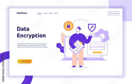 Vector data encryption web page online banner template with man holding key icon. Privacy login and sign up concept illustration