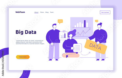 Vector big data web page banner concept design template with big modern flat line people holding charts. Research and analytics illustration with graphs