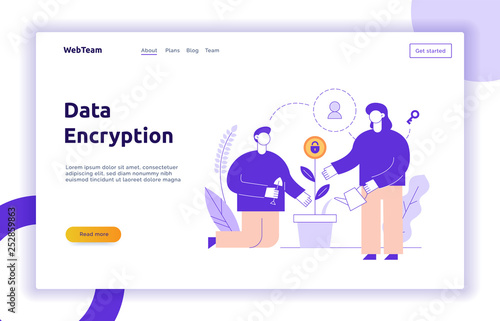 Vector data encryption web page online banner template with man and woman taking care about privacy plant. Protection  concept illustration