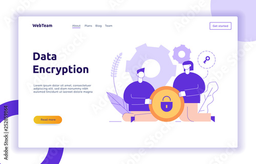 Vector data encryption web page online banner template with man and woman holding lock icon. Privacy concept illustration