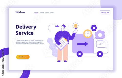 Vector delivery service design concept web banner with big modern flat line man, light bulb, truck, clock icons. Logistics worker with check list illustration 