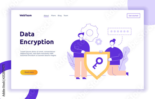 Vector data encryption web page online banner template with man and woman holding key icon. Privacy concept illustration