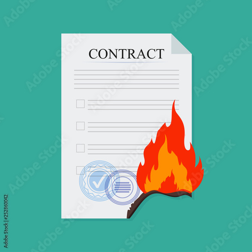 Contract break fire, in flat style, business concept, vector