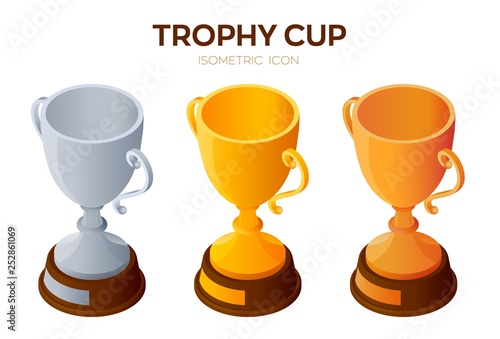 Trophy cup icon. Gold, Silver and Bronze Award, winner or champion cups 3D Isometric Icon. Created For Mobile, Web, Decor, Print Products, Application. Vector Illustration.