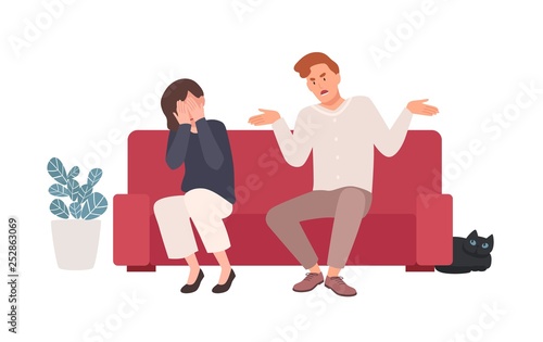 Spouses or romantic partners sitting on sofa and quarreling. Husband shouting at wife, offending her while she is crying. Family or domestic abuse, unhappy marriage. Flat cartoon vector illustration.