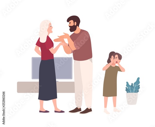 Parents brawling and quarreling in presence of daughter. Husband shouting at wife or offending her. Problem or conflict in family. Domestic abuse, unhappy marriage. Flat cartoon vector illustration.