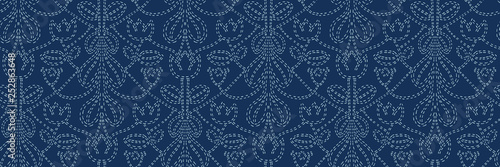 Indigo blue Sashiko style japanese needlework seamless vector border. Hand stitch floral motif line texture ribbon. Textile edge trim, classic Japan decor band. Asian simple Kimono quilting template.