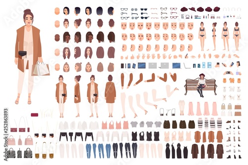 Young stylish woman creation set or constructor kit. Set of body parts, trendy casual clothes, gestures, faces, postures. Female cartoon character. Front, side, back views. Flat vector illustration.